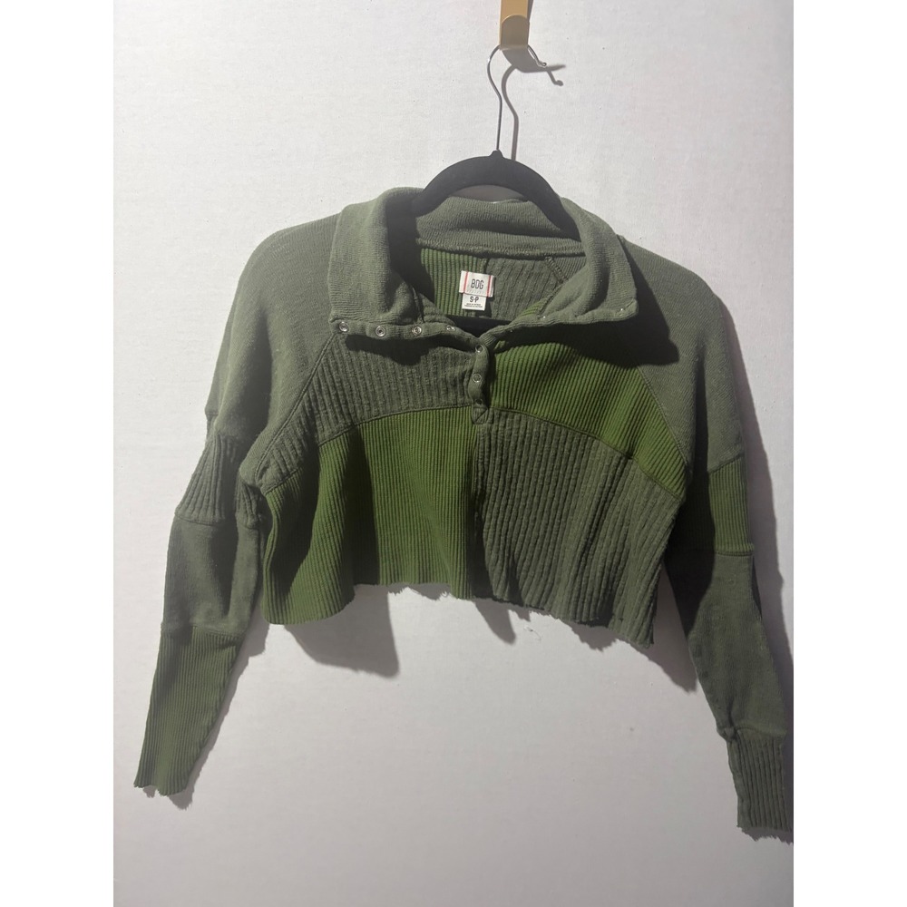 BDG Green Ribbed Cropped Pullover Sweater Snap Collar Raw Hem Size S